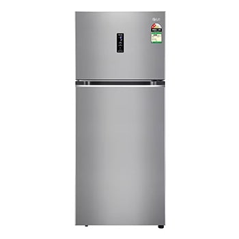 Front view of LG 466L 2-Star Double Door Refrigerator with Smart Inverter Compressor, Door Cooling™ in Shiny Steel Finish GL-T492MPZY