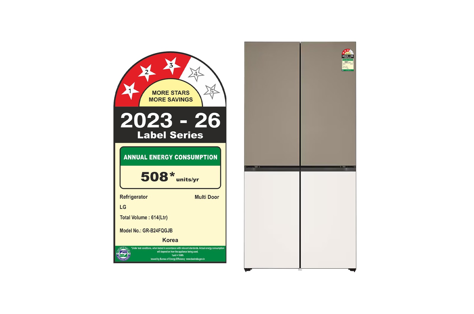 LG GR-B24FQGJB 614L French Door Refrigerator in Clay Brown-Beige Front View with Door Open in India