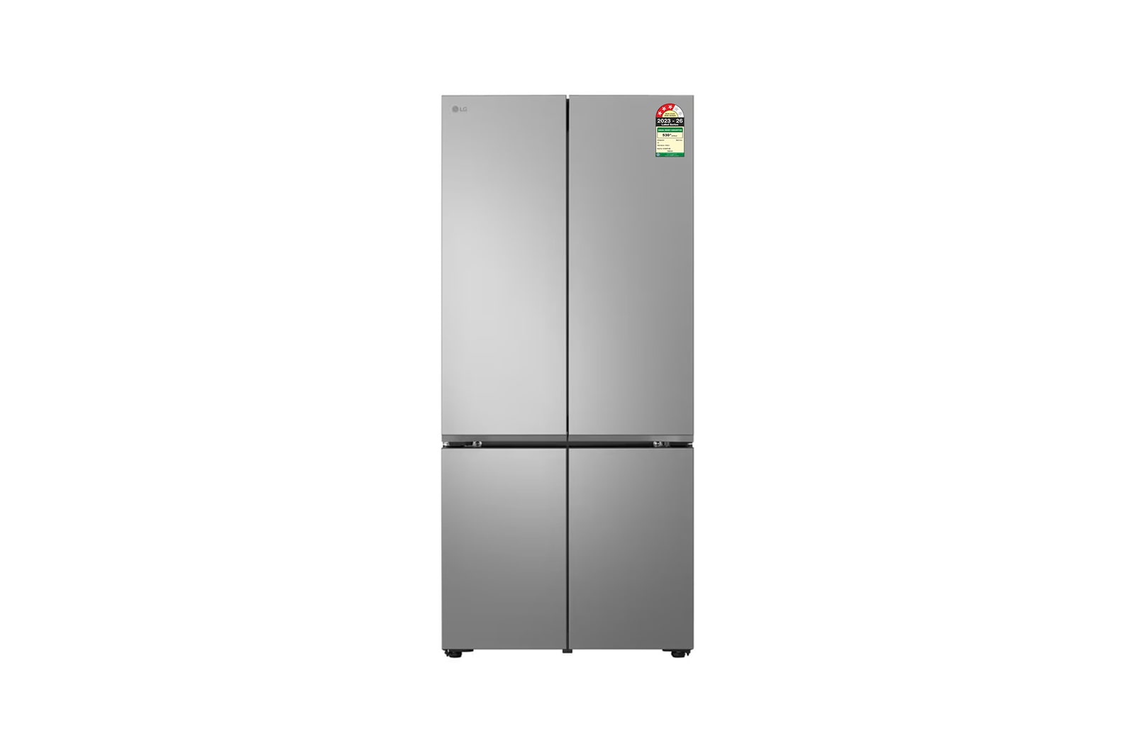 Front view of LG 610L French Door Refrigerator, Fresh Converter+, Wi-Fi Convertible, DoorCooling+™, Prime Silver Finish, 3 Star GV-B25FFLMB