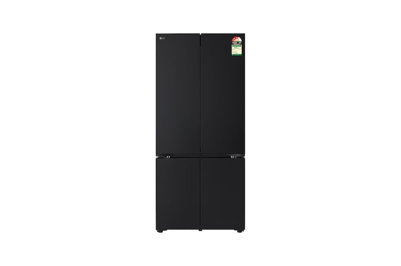 Front view of LG 574L French Door Refrigerator, Fresh Converter+, Wi-Fi Convertible, DoorCooling+ Black Glass Finish, 3 Star GV-B23FFGMB