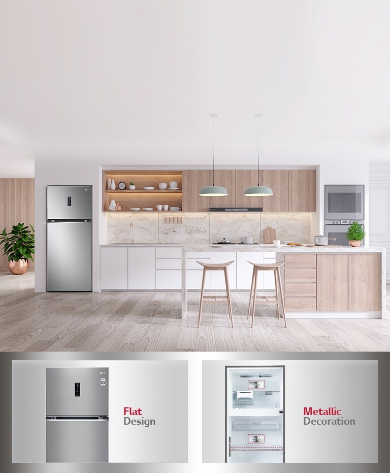 A metallic double door refrigerator in a modern kitchen, showcasing its sleek design and spacious interior.