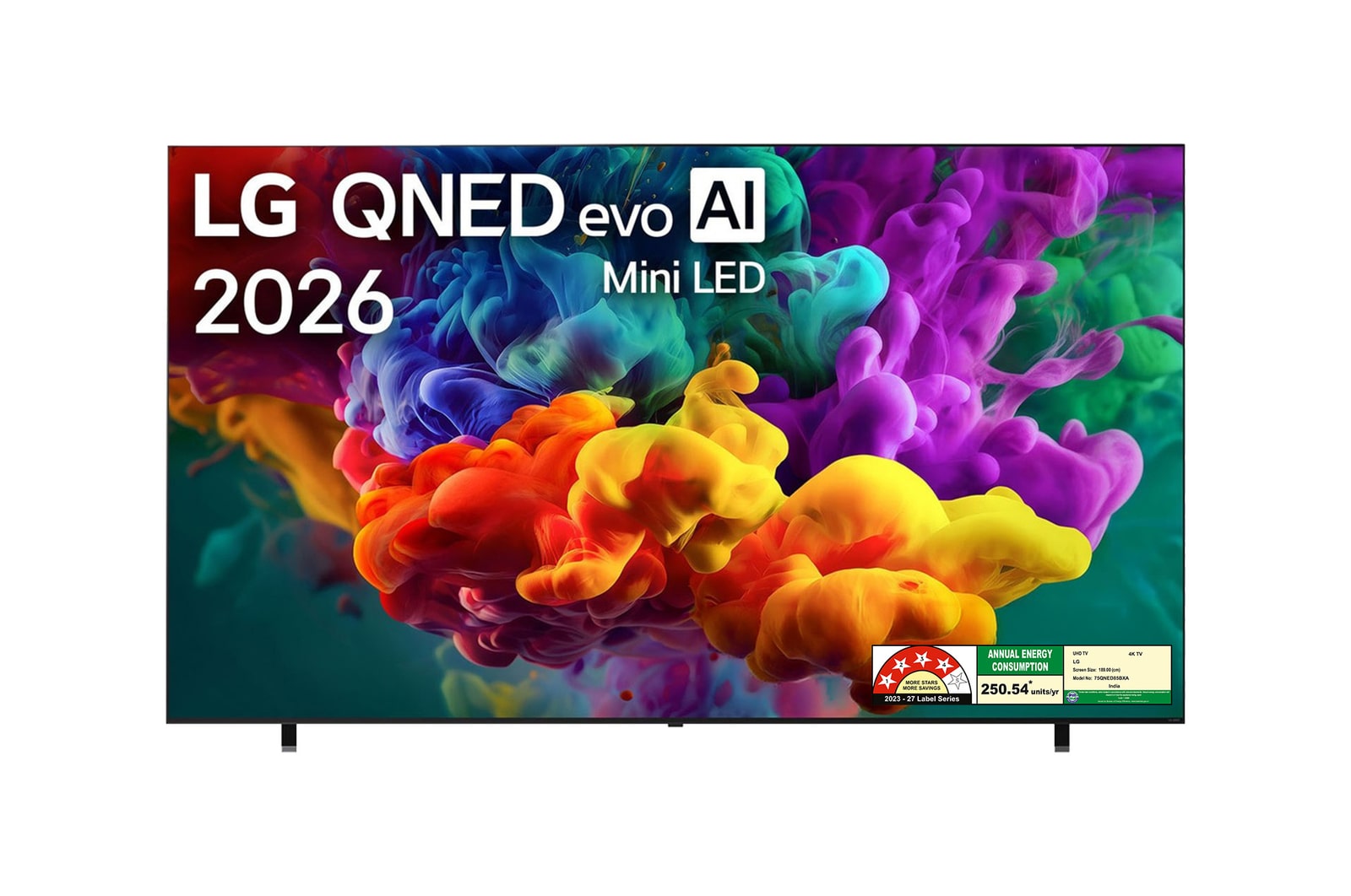 Front view of 189 cm (75) LG QNED evo AI 4K MiniLED TV 75QNED85BXA with α8 AI Processor Gen3, with HDR10 Pro 2026 75QNED85BXA