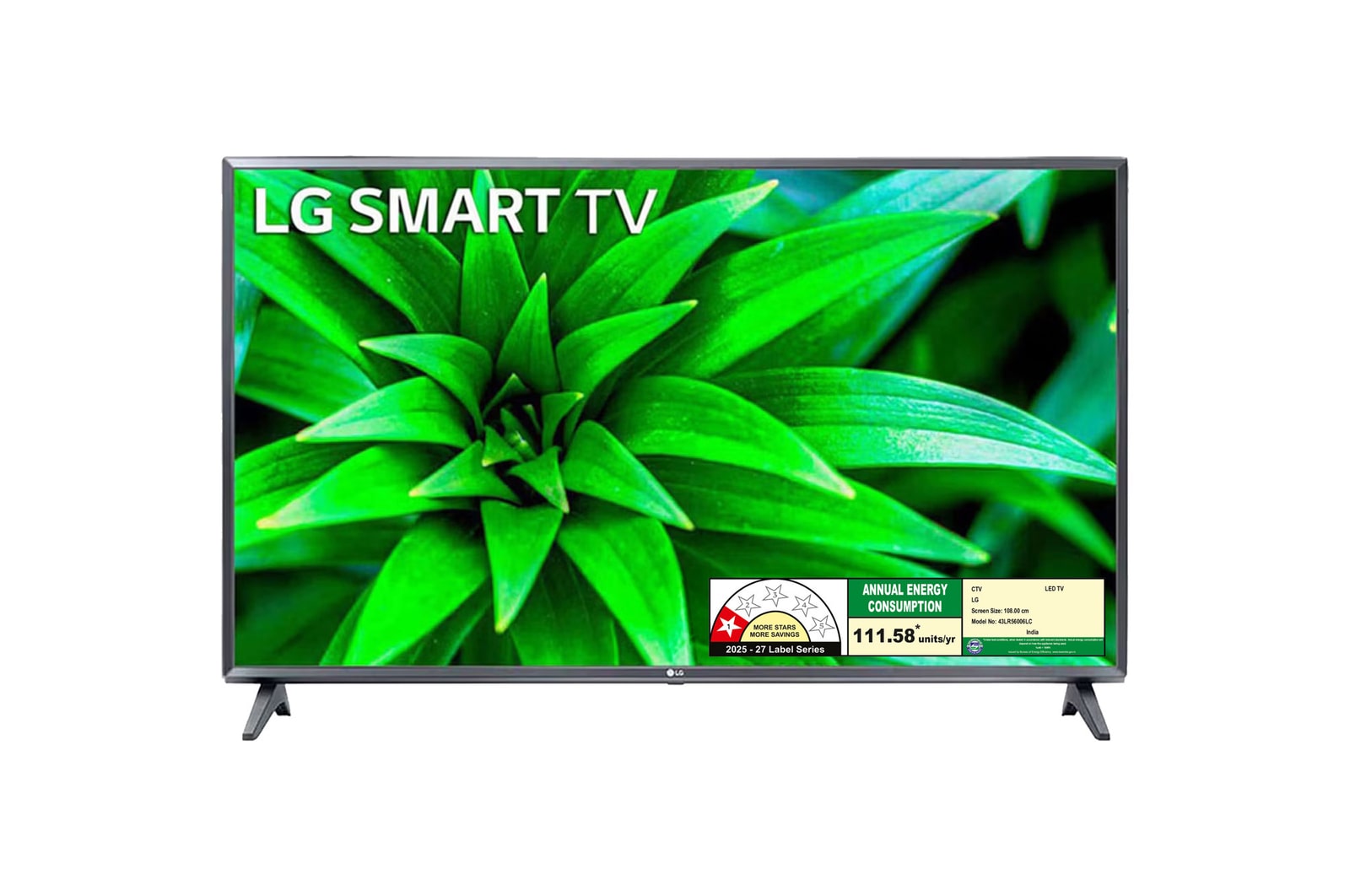 Front view of LG 108cm (43) Smart FHD TV (LR5600), α5 AI Processor Gen6, Active HDR, Dolby Audio™ 43LR56006LC