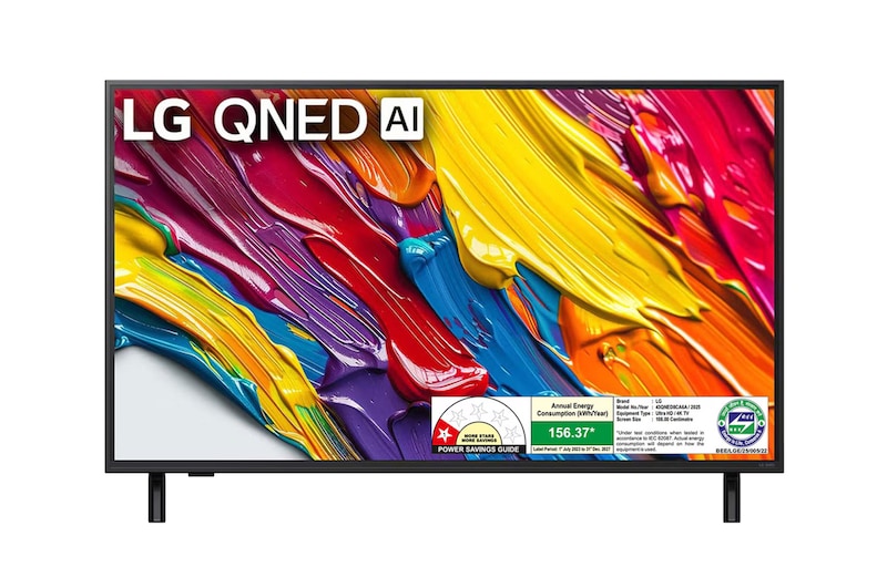 Front view of LG 108cm (43) QNED 8CA Smart TV with α7 AI Processor 4K Gen8, Filmmaker Mode with Dolby Atmos 43QNED8CA6A