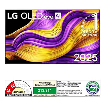 Front view of LG OLED evo AI G5 4K Smart TV. 12 Years of world number 1 OLED emblem and LG OLED evo AI 2025 logo are on the screen.