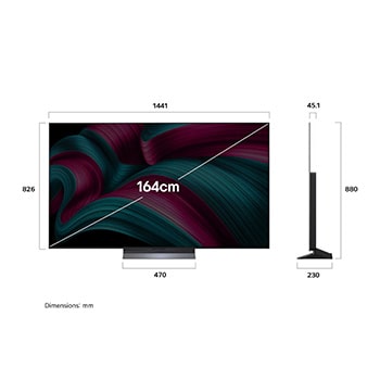 Front view and side view of LG OLED evo AI C5 4K Smart TV showing its length, width, height, and depth dimensions.