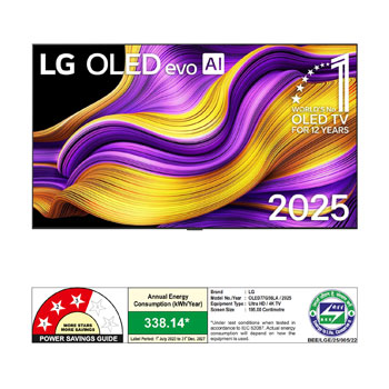 Front view of LG OLED evo AI G5 4K Smart TV. 12 Years of world number 1 OLED emblem and LG OLED evo AI 2025 logo are on the screen.