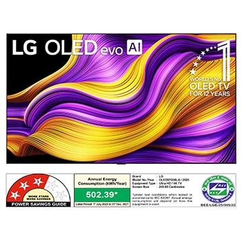 Front view of LG OLED evo AI G5 4K Smart TV. 12 Years of world number 1 OLED emblem and LG OLED evo AI 2025 logo are on the screen.