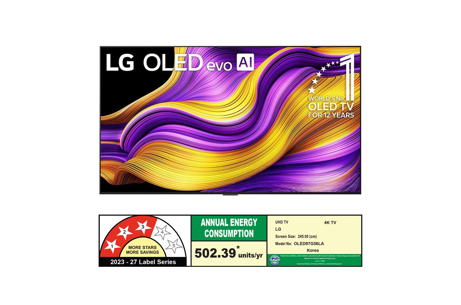 Front view of LG OLED evo AI G5 4K Smart TV. 12 Years of world number 1 OLED emblem and LG OLED evo AI 2025 logo are on the screen.