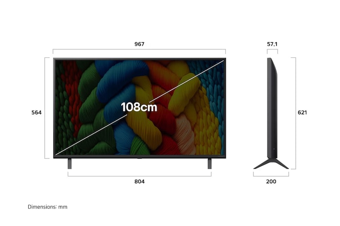 Front view and side view of LG NanoCell NANO80 AI 4K Smart TV showing its length, width, height, and depth dimensions.