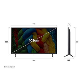 Front view and side view of LG NanoCell NANO80 AI 4K Smart TV showing its length, width, height, and depth dimensions.