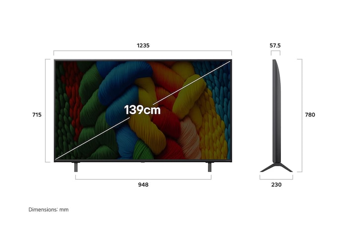 Front view and side view of LG NanoCell NANO80 AI 4K Smart TV showing its length, width, height, and depth dimensions.