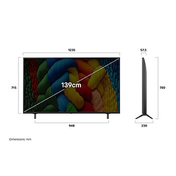 Front view and side view of LG NanoCell NANO80 AI 4K Smart TV showing its length, width, height, and depth dimensions.