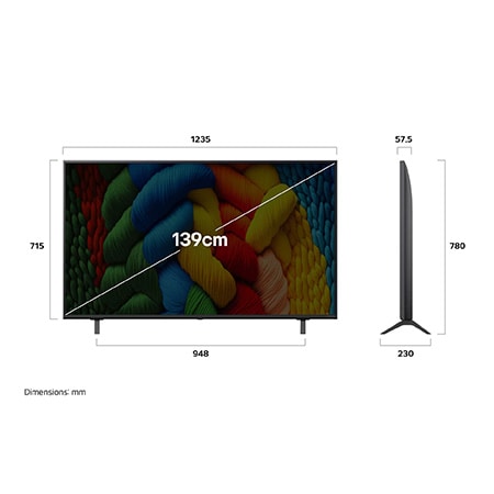 Front view and side view of LG NanoCell NANO80 AI 4K Smart TV showing its length, width, height, and depth dimensions.