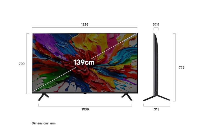 Front view and side view of LG QNED AI QNED92 4K Smart TV showing its length, width, height, and depth dimensions. 