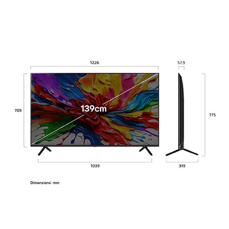 Front view and side view of LG QNED AI QNED92 4K Smart TV showing its length, width, height, and depth dimensions. 