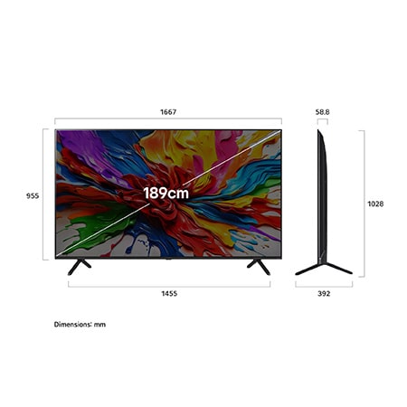 Front view and side view of LG QNED AI QNED92 4K Smart TV showing its length, width, height, and depth dimensions. 