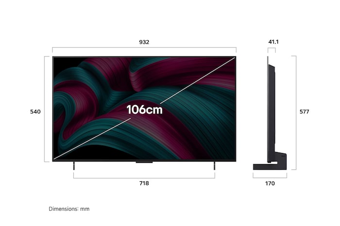 Front view and side view of LG OLED evo AI C5 4K Smart TV showing its length, width, height, and depth dimensions.