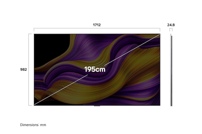 Front view and side view of LG OLED evo AI G5 4K Smart TV showing its length, width, height, and depth dimensions.