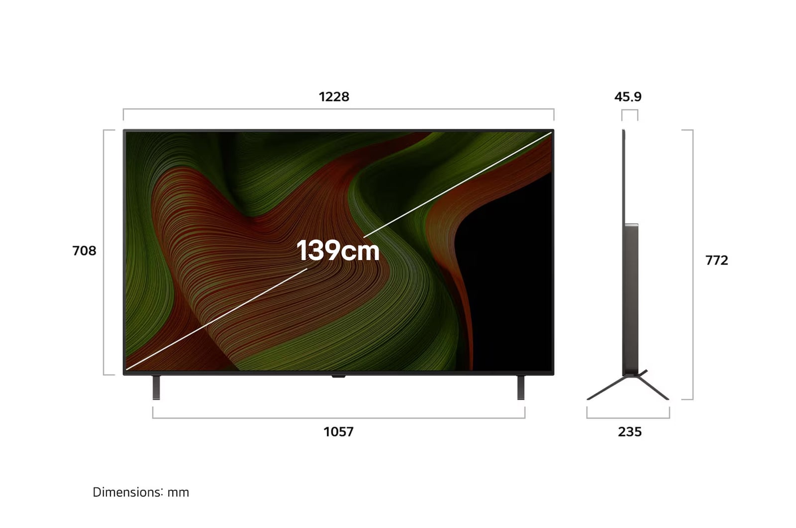 Front view and side view of LG OLED AI B5 4K Smart TV showing its length, width, height, and depth dimensions.