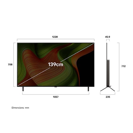 Front view and side view of LG OLED AI B5 4K Smart TV showing its length, width, height, and depth dimensions.