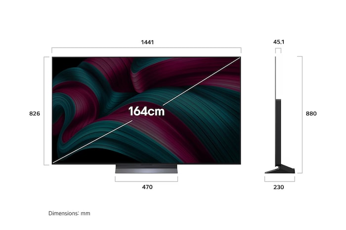 Front view and side view of LG OLED evo AI C5 4K Smart TV showing its length, width, height, and depth dimensions.