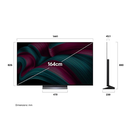 Front view and side view of LG OLED evo AI C5 4K Smart TV showing its length, width, height, and depth dimensions.