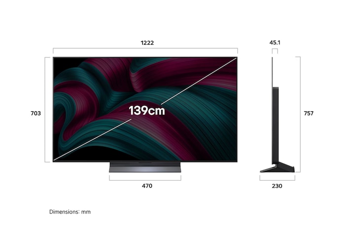 Front view and side view of LG OLED evo AI C5 4K Smart TV showing its length, width, height, and depth dimensions.