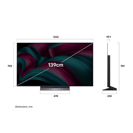 Front view and side view of LG OLED evo AI C5 4K Smart TV showing its length, width, height, and depth dimensions.