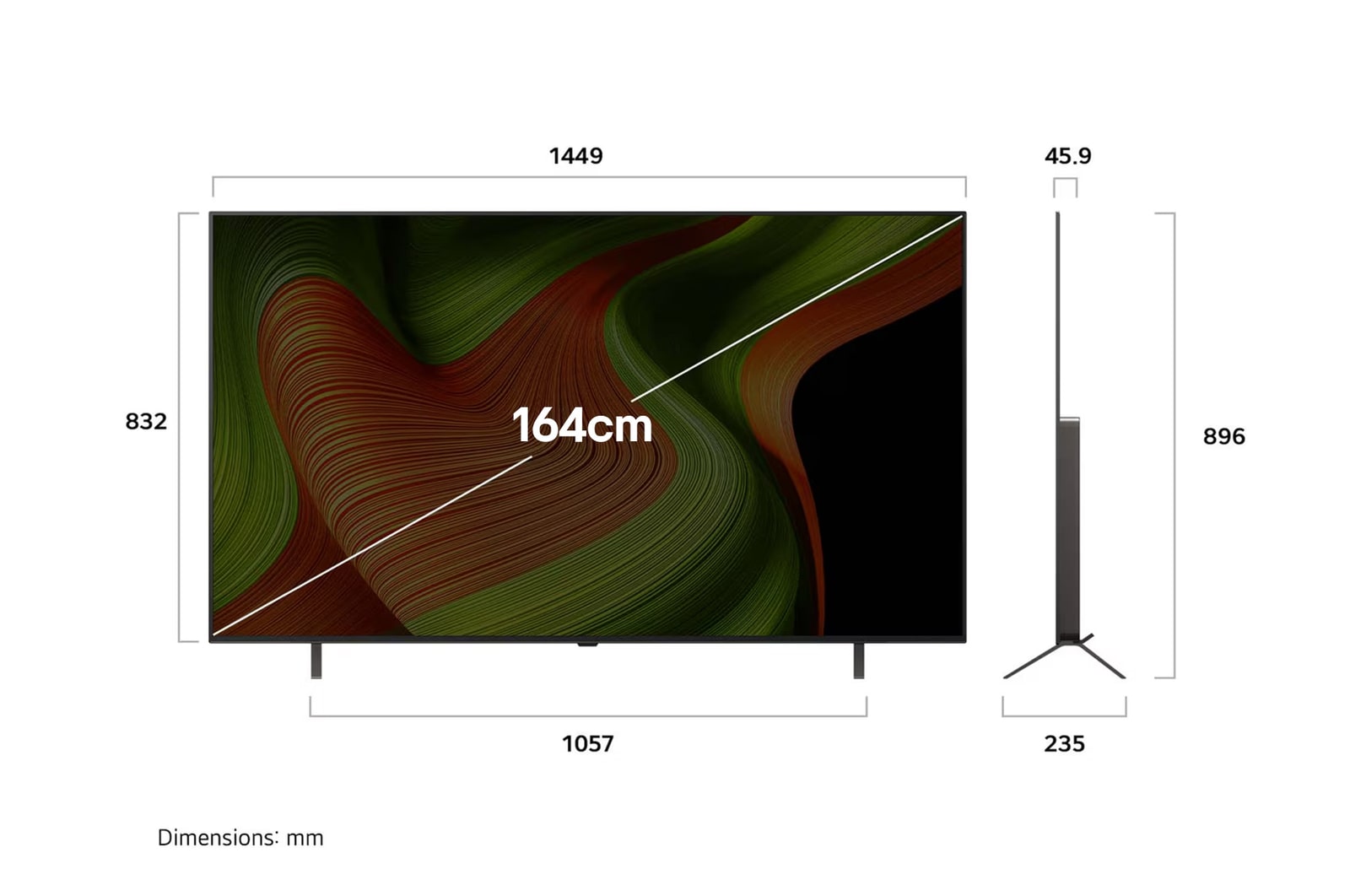 Front view and side view of LG OLED AI B5 4K Smart TV showing its length, width, height, and depth dimensions.