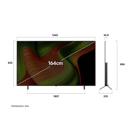 Front view and side view of LG OLED AI B5 4K Smart TV showing its length, width, height, and depth dimensions.