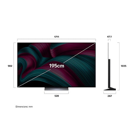 Front view and side view of LG OLED evo AI C5 4K Smart TV showing its length, width, height, and depth dimensions.