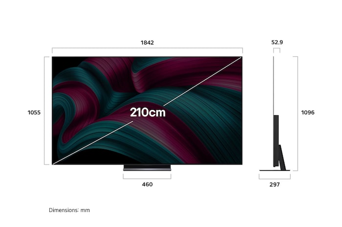 Front view and side view of LG OLED evo AI C5 4K Smart TV showing its length, width, height, and depth dimensions.