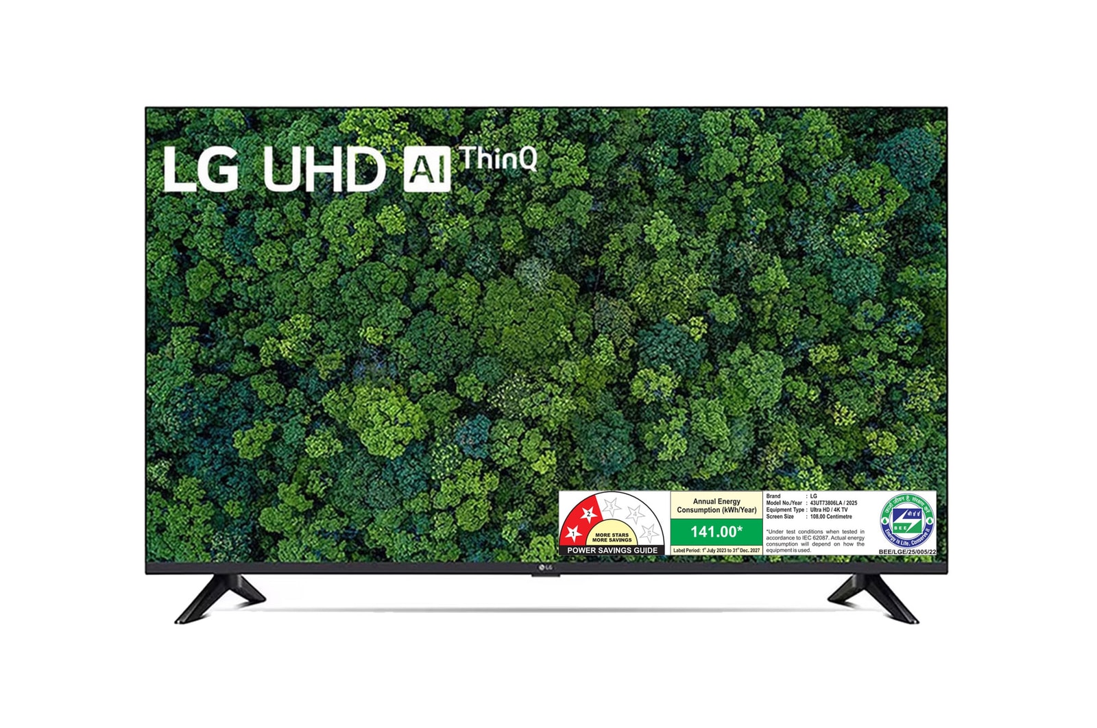 Front view of LG 108cm (43) UHD (UT7380) Smart TV with α5 AI Processor 4K Gen7, Game Optimizer & Dashboard with Filmmaker Mode 2025 43UT73806LA