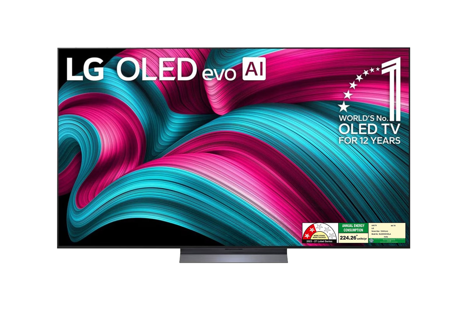 Front view of LG OLED evo 139cm (55) TV (C5X), α9 AI Processor 4K Gen8, VRR 144Hz Refresh Rate, Dolby Vision & Atmos OLED55C5XLA