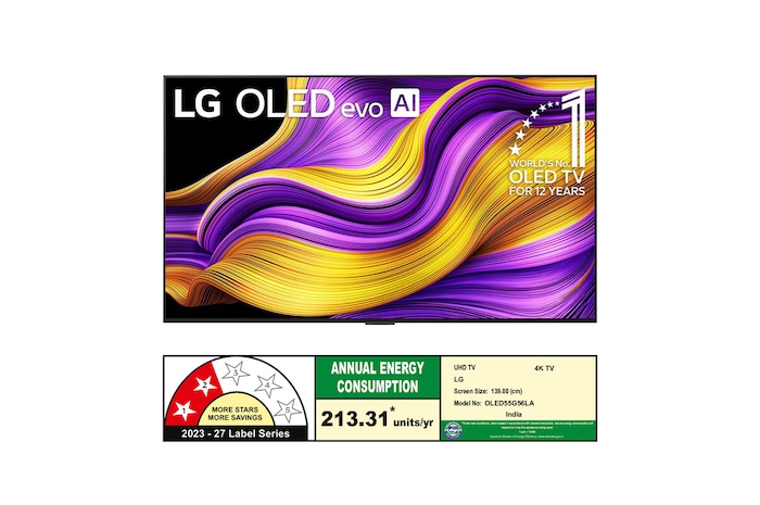 Front view of LG OLED evo AI G5 4K Smart TV. 12 Years of world number 1 OLED emblem and LG OLED evo AI 2025 logo are on the screen.