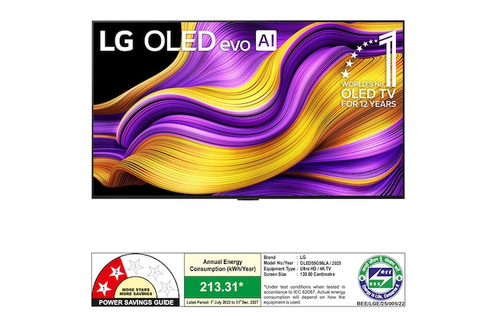 Front view of LG OLED evo AI G5 4K Smart TV. 12 Years of world number 1 OLED emblem and LG OLED evo AI 2025 logo are on the screen.