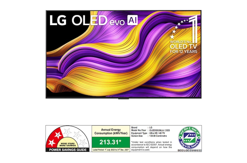 Front view of LG OLED evo AI G5 4K Smart TV. 12 Years of world number 1 OLED emblem and LG OLED evo AI 2025 logo are on the screen.