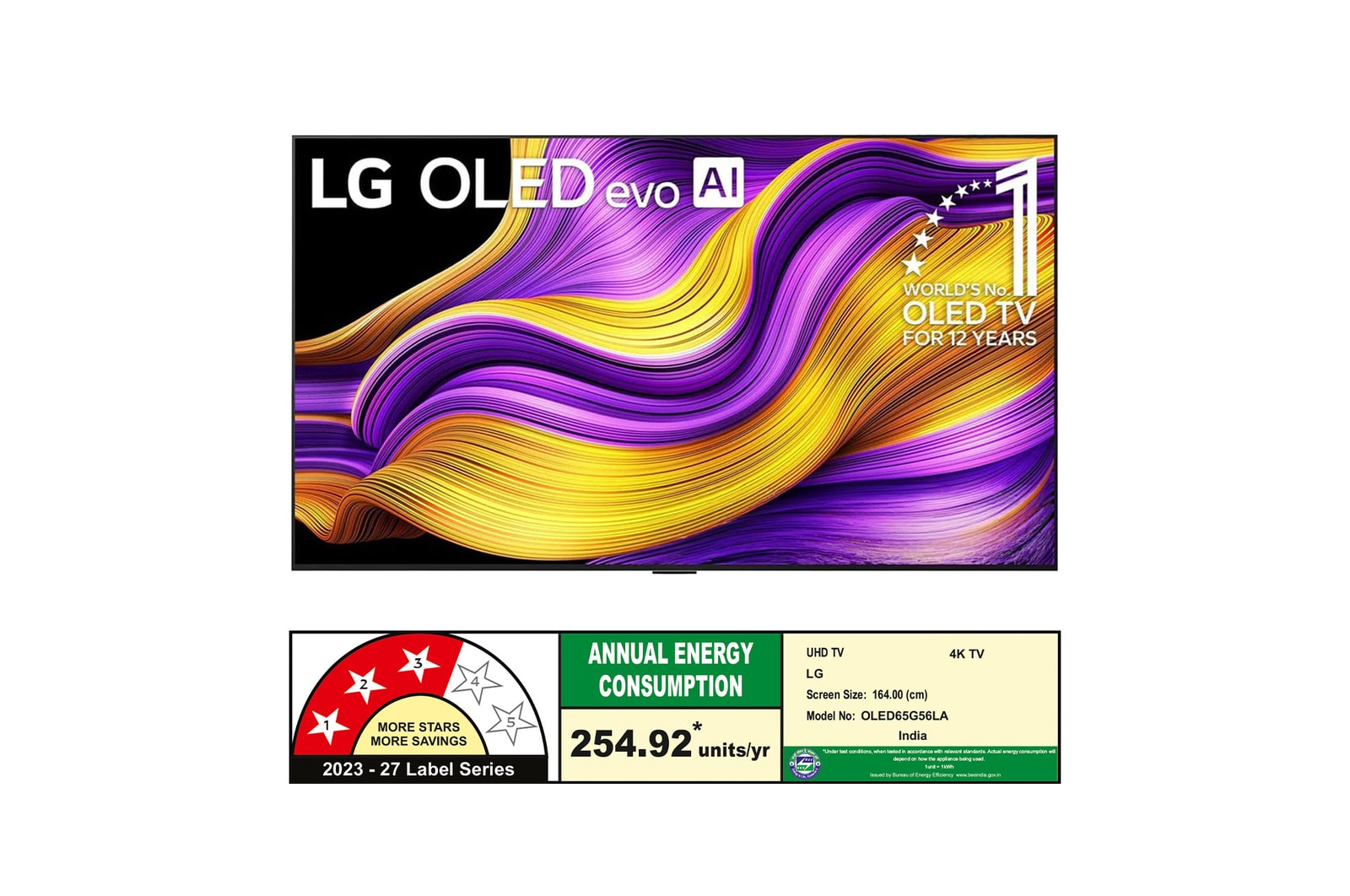 Front view of LG OLED evo AI G5 4K Smart TV. 12 Years of world number 1 OLED emblem and LG OLED evo AI 2025 logo are on the screen.
