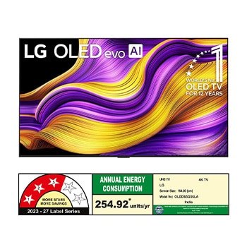 Front view of LG OLED evo AI G5 4K Smart TV. 12 Years of world number 1 OLED emblem and LG OLED evo AI 2025 logo are on the screen.