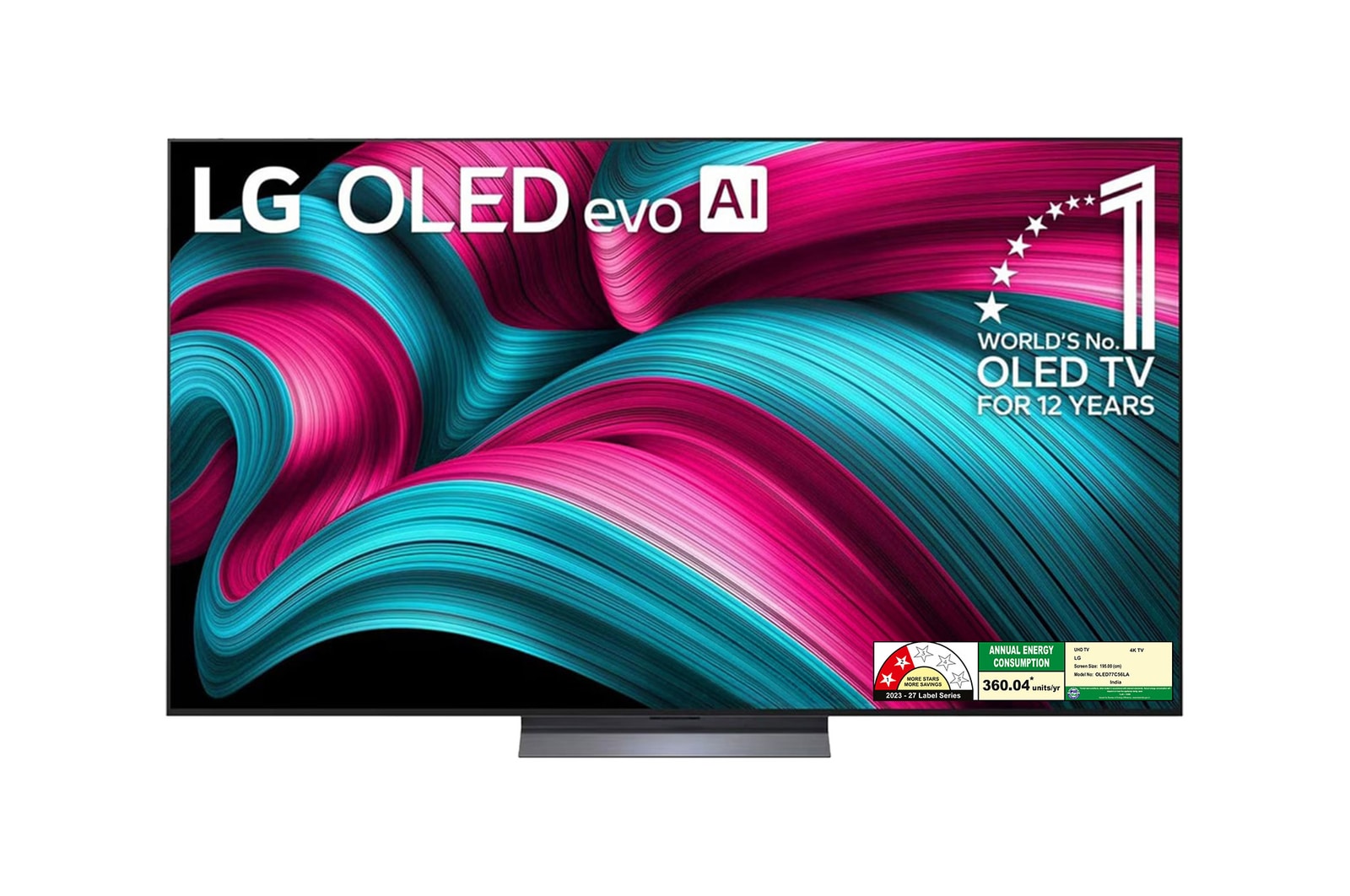 Front view of LG OLED evo 195cm (77) TV (C5), α9 AI Processor 4K Gen8, VRR 144Hz Refresh Rate, Dolby Vision & Atmos OLED77C56LA