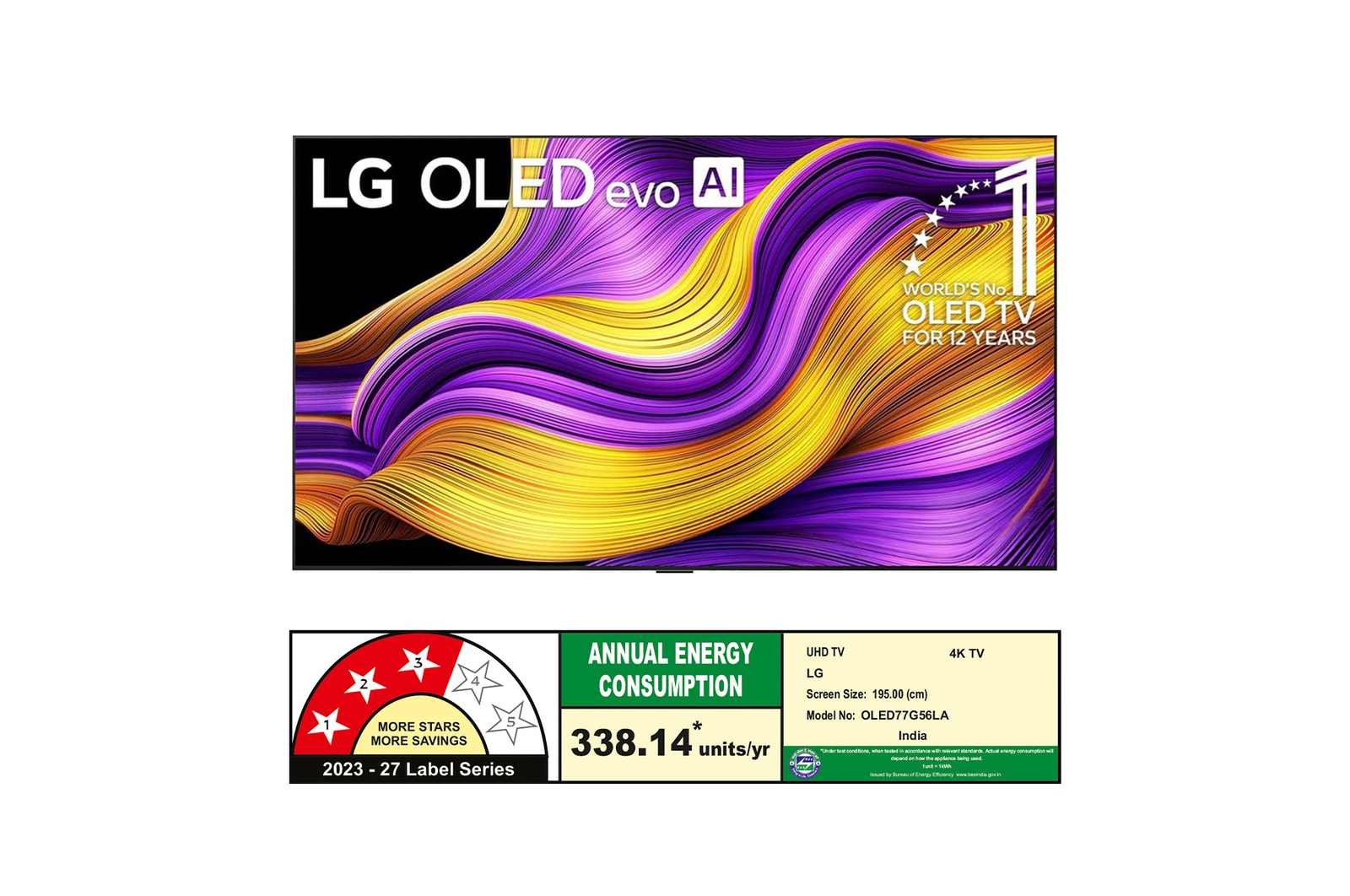 Front view of LG OLED evo AI G5 4K Smart TV. 12 Years of world number 1 OLED emblem and LG OLED evo AI 2025 logo are on the screen.