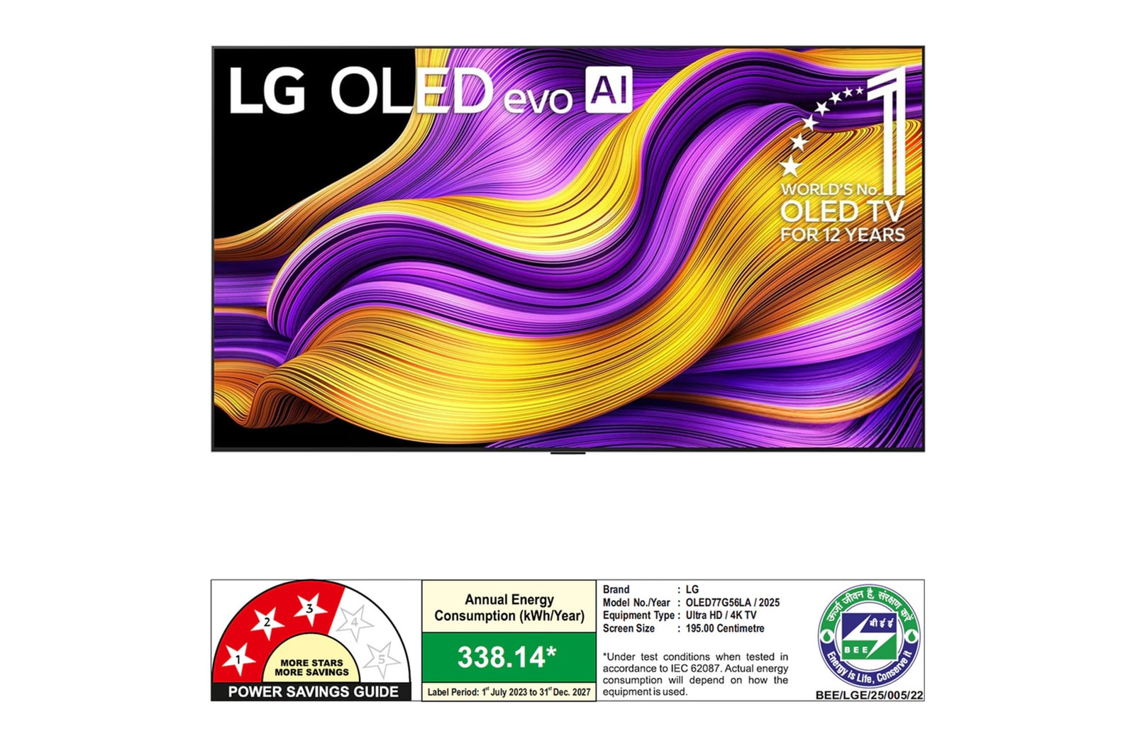 Front view of LG OLED evo AI G5 4K Smart TV. 12 Years of world number 1 OLED emblem and LG OLED evo AI 2025 logo are on the screen.