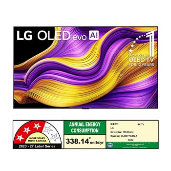 Front view of LG OLED evo AI G5 4K Smart TV. 12 Years of world number 1 OLED emblem and LG OLED evo AI 2025 logo are on the screen.