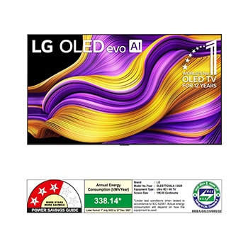 Front view of LG OLED evo AI G5 4K Smart TV. 12 Years of world number 1 OLED emblem and LG OLED evo AI 2025 logo are on the screen.