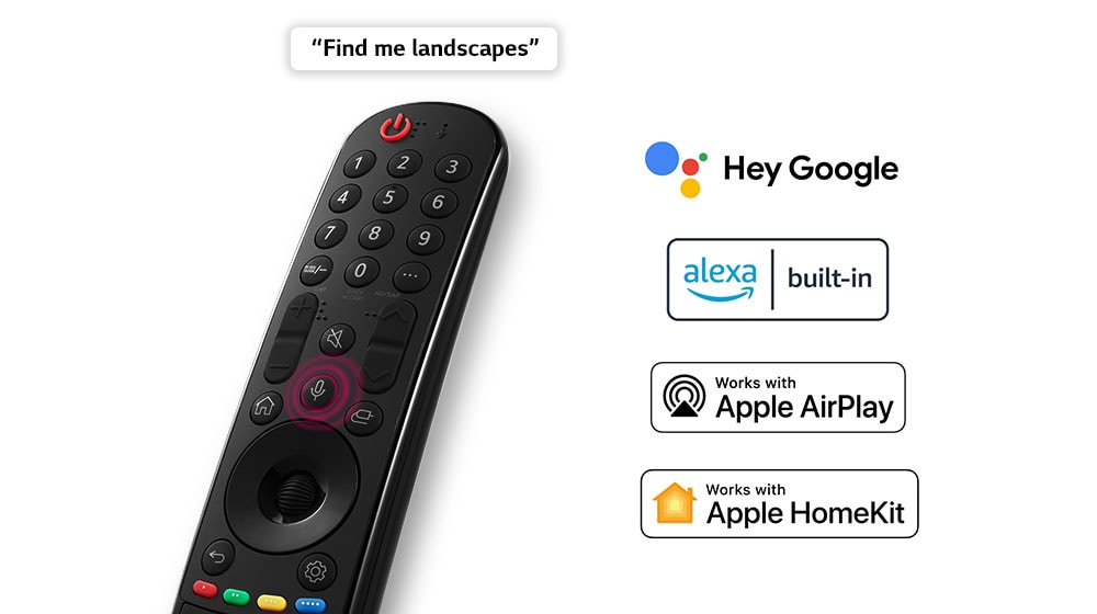 A remote control with a speech bubble reading "Find me landscapes." Logos of affiliated OTT services are pictured.