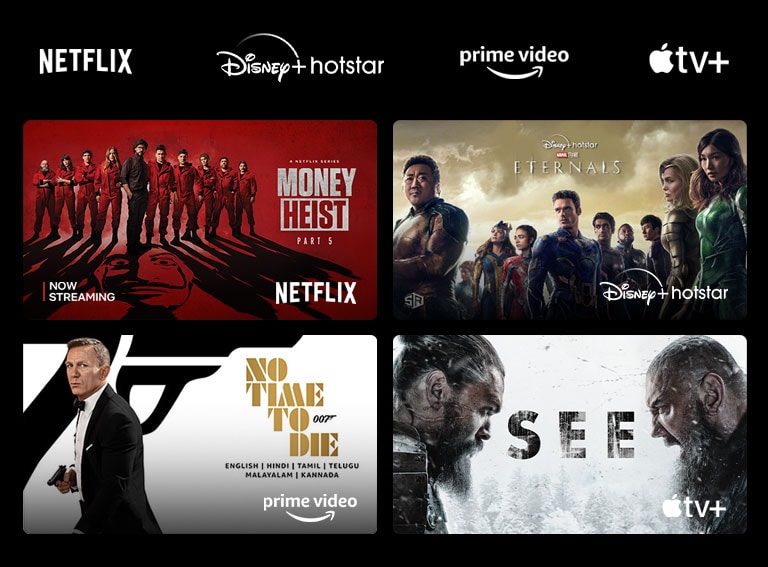A poster of Money Heist from Netflix, The Wheel of Time from Prime Video, and See from Apple TV Plus.