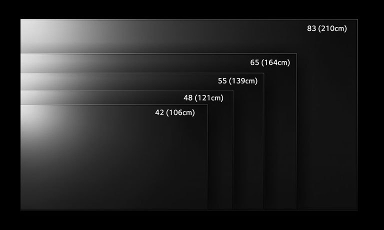 LG OLED C2 TV lineup in various sizes from 42 (106cm)  to 83 (210cm).