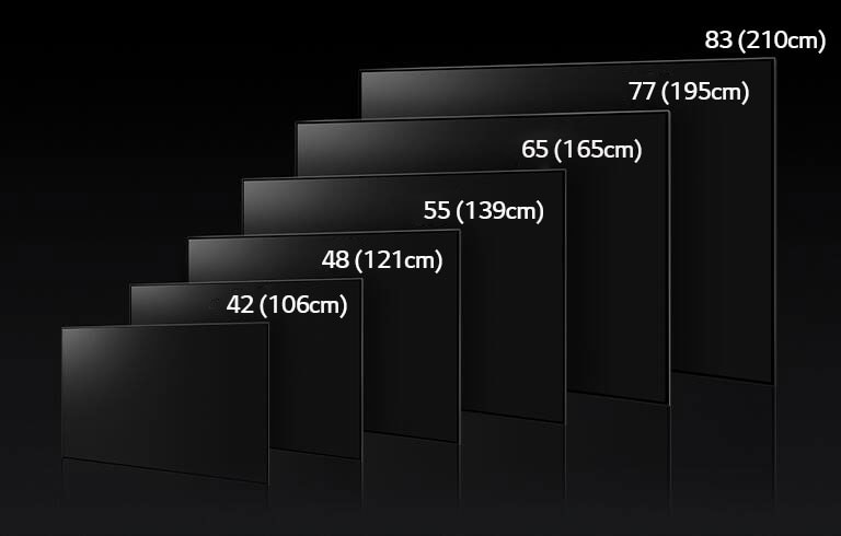 An image comparing LG OLED C3's varying sizes, showing 42", 48", 55", 65", 77", and 83".