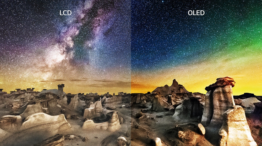 A side-by-side view of an LCD and an OLED. The LCD side shows low contrast and grayish dark areas of the rocky landscape. The OLED side shows dark blacks, vivid colors, and high, natural contrast.